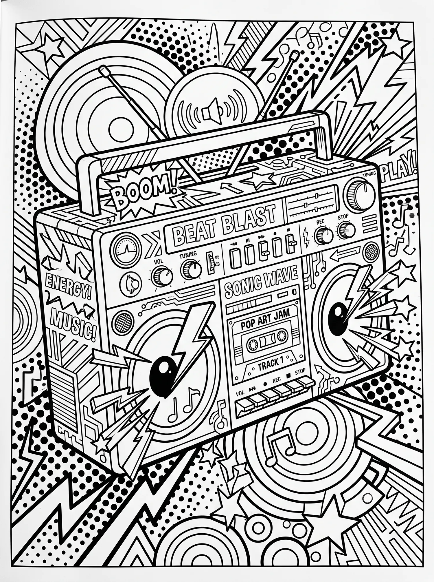 Boombox Pop Art Géante, Coloriage art à imprimer gratuitement